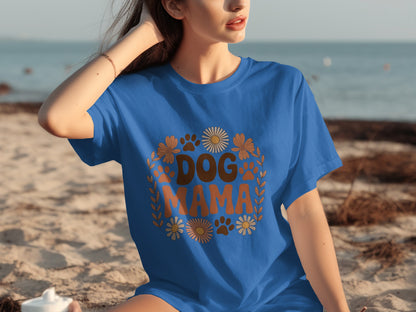 Dog Mama T-Shirt with Floral and Paw Print Design