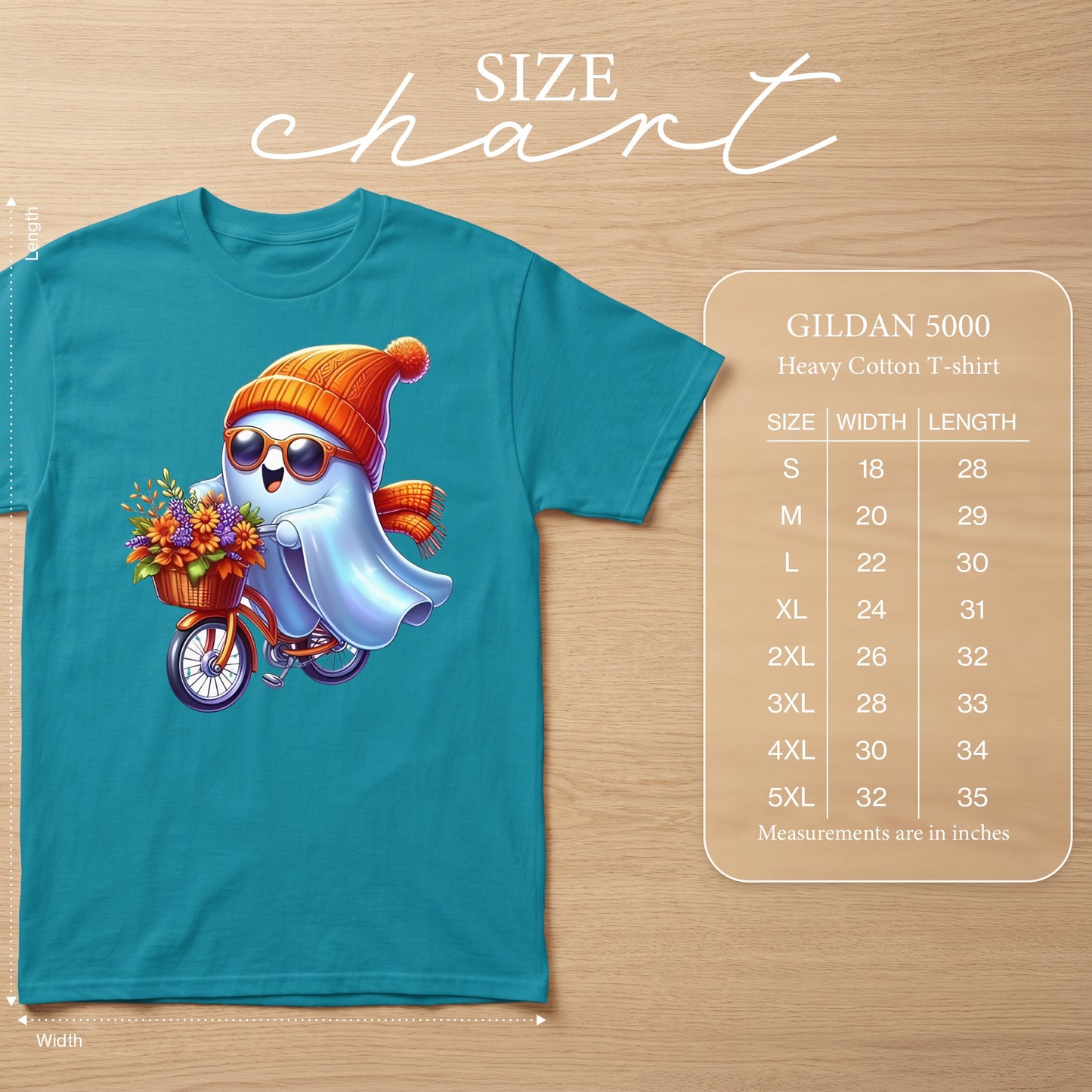 Teal Gildan 5000 t-shirt with ghost graphic and size chart.