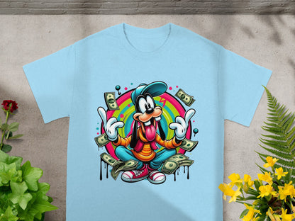 Light blue t-shirt with cartoon character Goofy surrounded by money and rainbow.