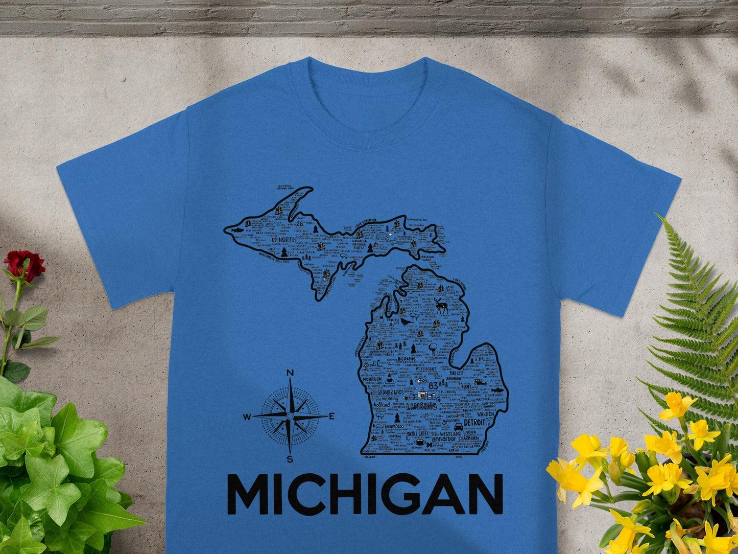 Unique Michigan Map Design T-Shirt with Compass