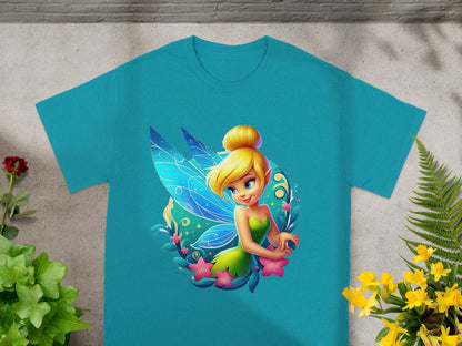 Tinkerbell illustration on a teal t-shirt with floral accents.