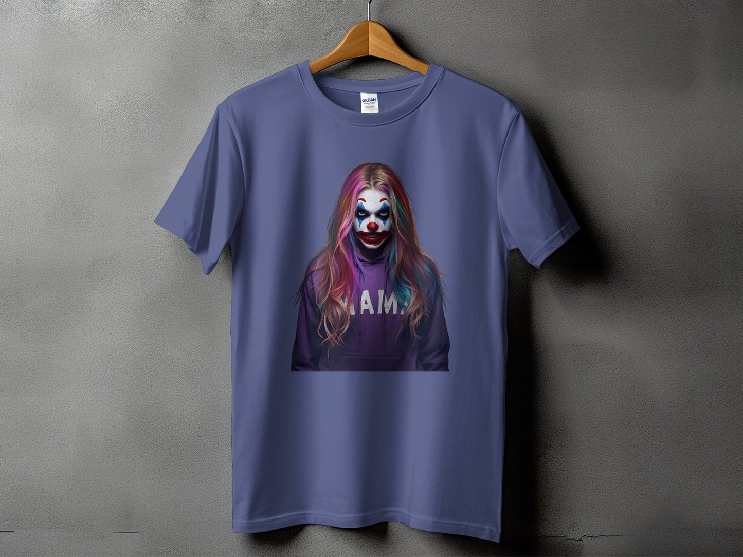 Purple t-shirt with a graphic of a clown with rainbow hair and "MAMA" text.