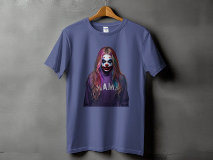Purple t-shirt with a graphic of a clown with rainbow hair and "MAMA" text.