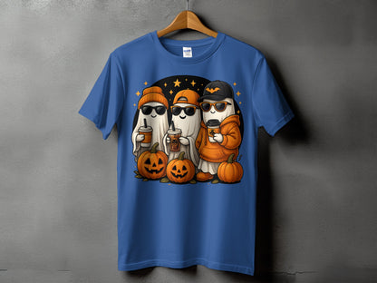 Three cartoon ghosts hold coffee cups with pumpkins, stars, and a Halloween design.