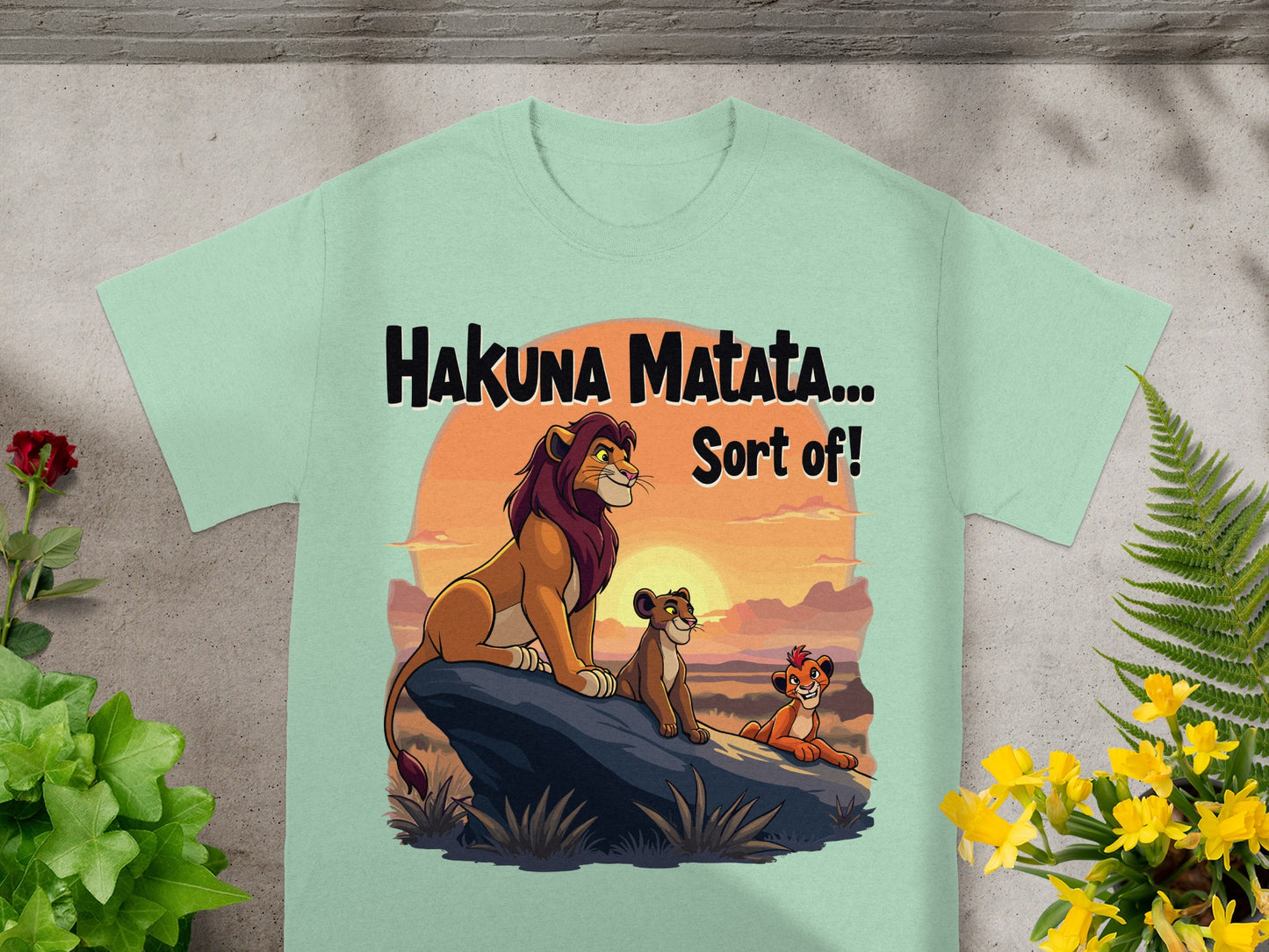 Lion King characters Simba, Nala, and cub with "Hakuna Matata... Sort of!" text.