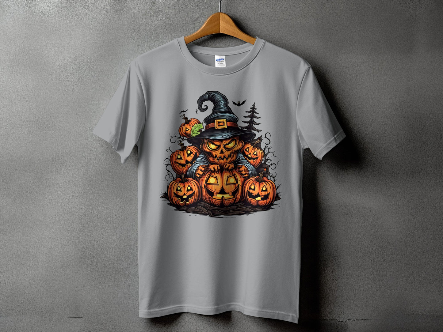 Gray t-shirt with a spooky pumpkin character wearing a witch hat.