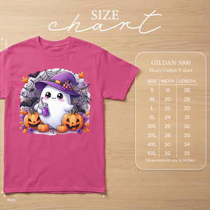 Gildan 5000 Heavy Cotton t-shirt size chart with ghost and pumpkins graphic.