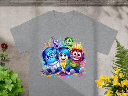 Inside Out characters Sadness, Joy, Fear, Anger, and Disgust on a grey t-shirt.