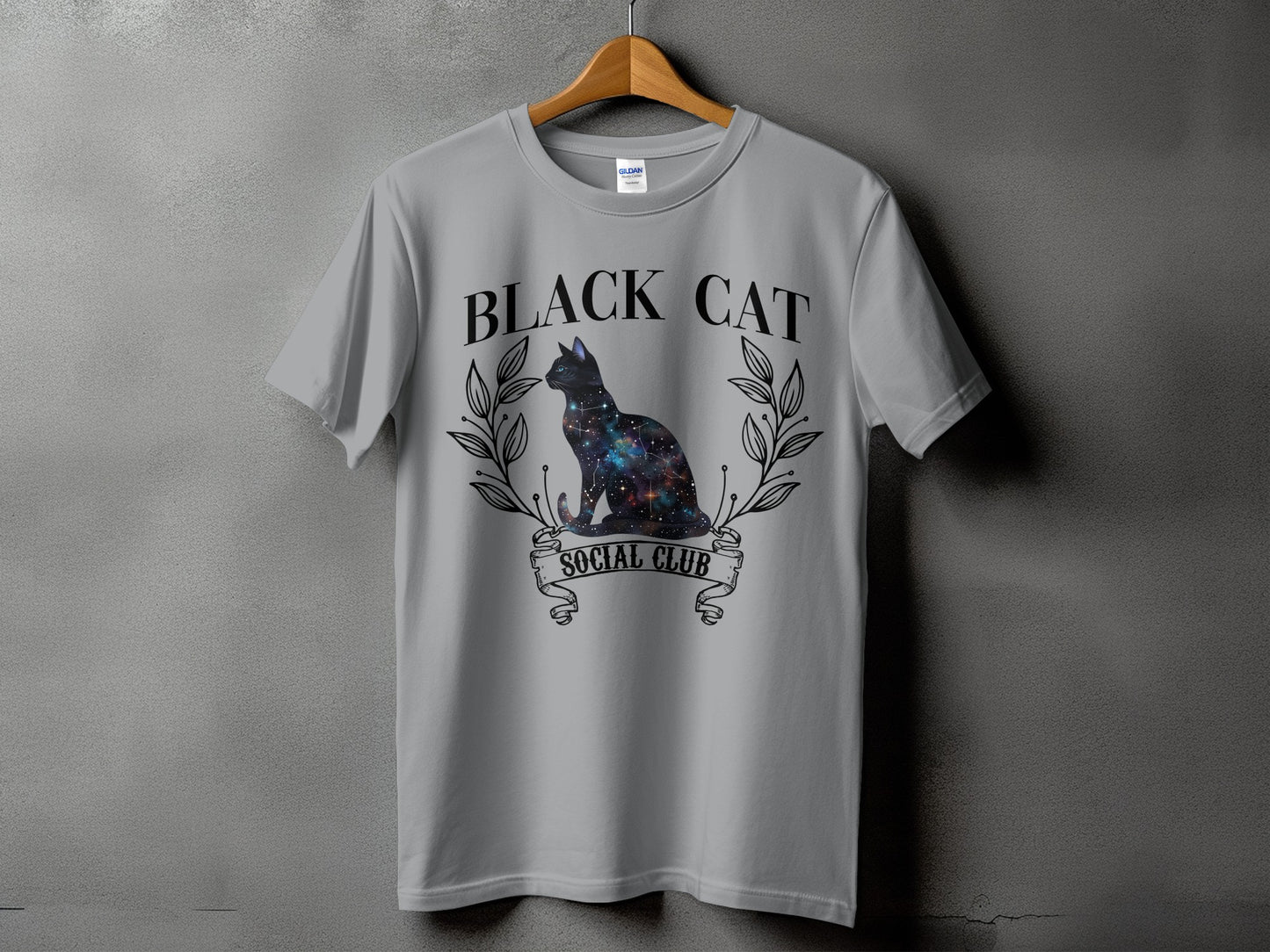Grey t-shirt with "BLACK CAT SOCIAL CLUB" text and a galaxy-filled cat.