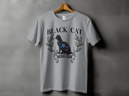 Grey t-shirt with "BLACK CAT SOCIAL CLUB" text and a galaxy-filled cat.