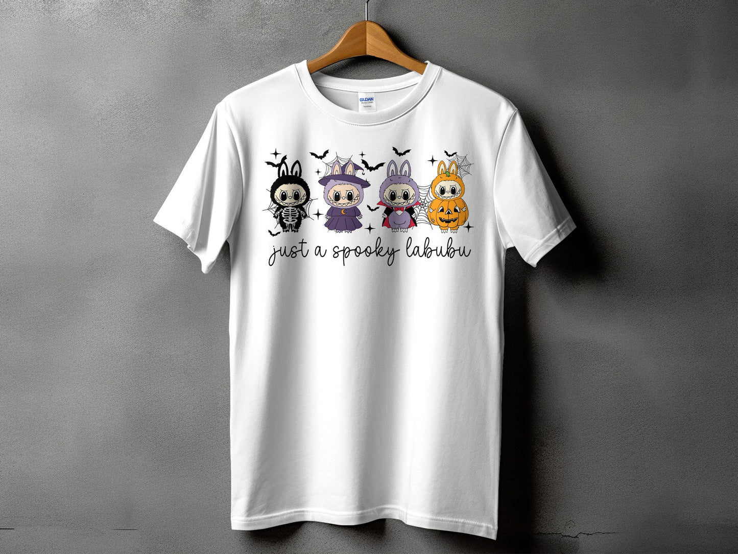 White t-shirt with Halloween characters and "just a spooky labubu" text.