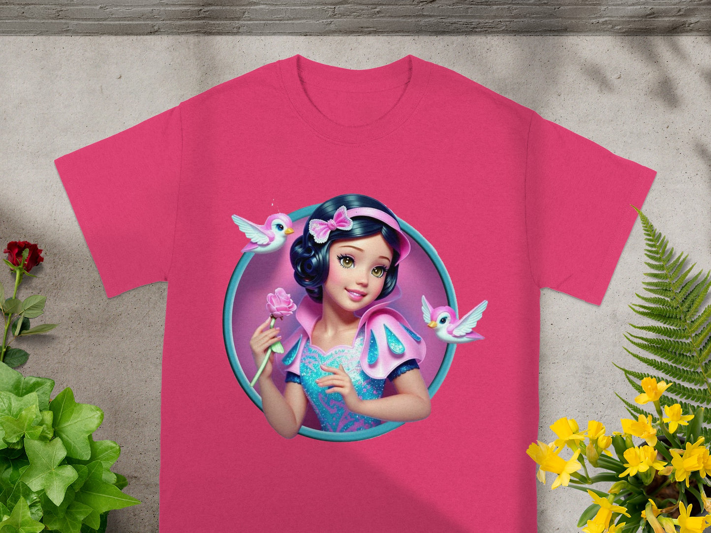 Pink t-shirt featuring Snow White with pink rose and two birds.