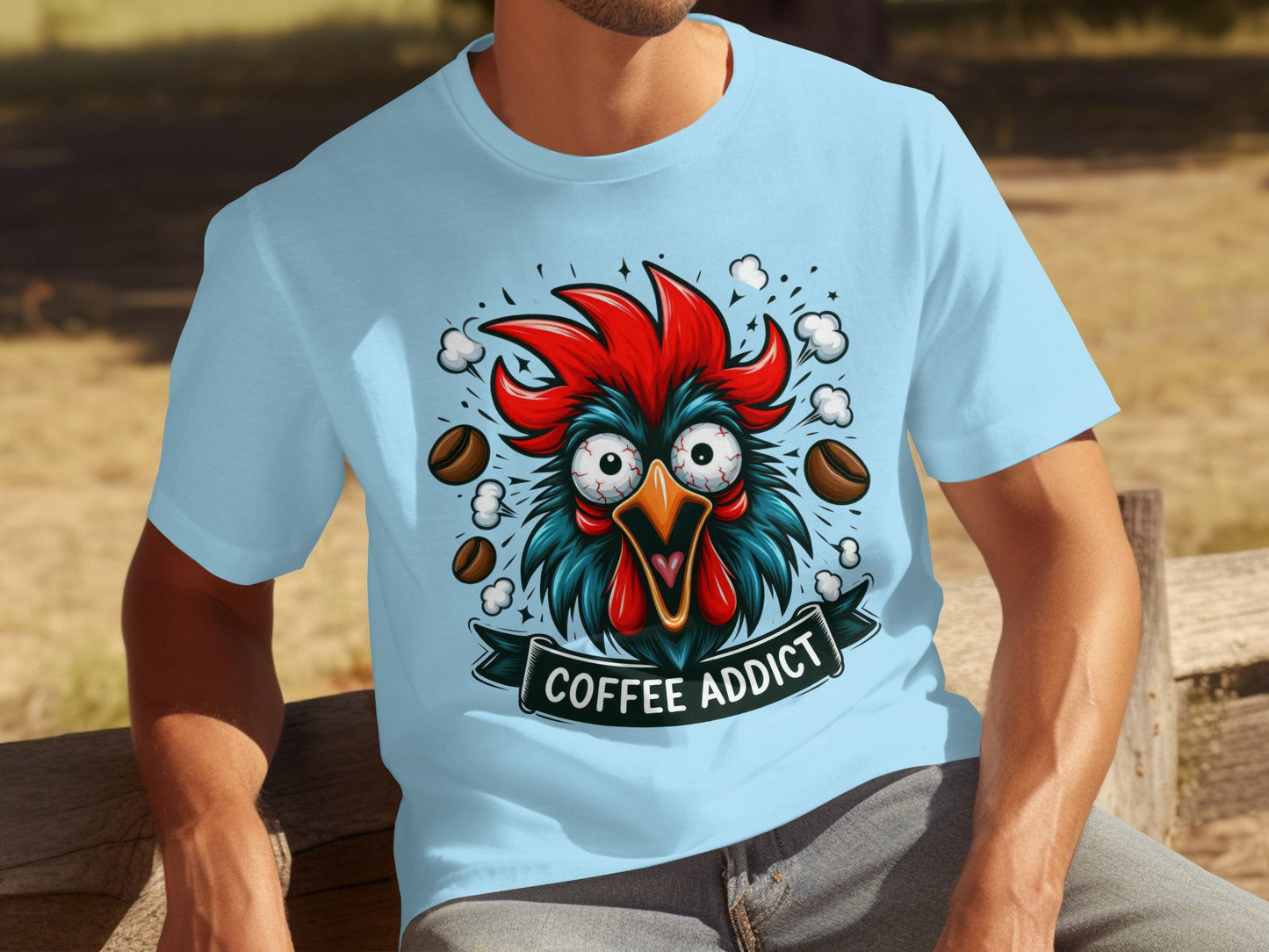 Funny Coffee Addict Crazy Rooster Graphic T-Shirt