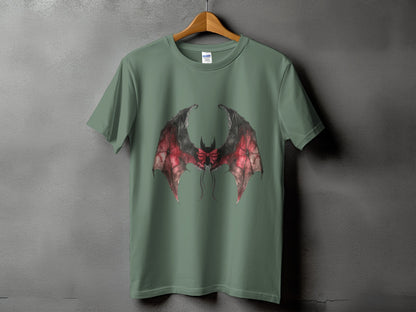 Green t-shirt with a detailed bat wing design featuring red and black colors.