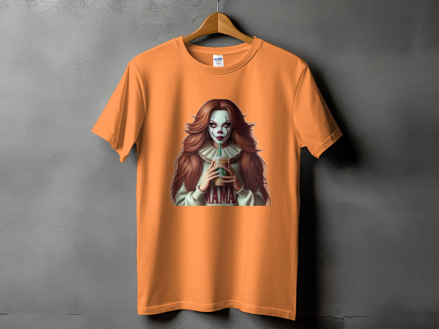 Orange t-shirt with a graphic of a female clown holding a coffee cup.