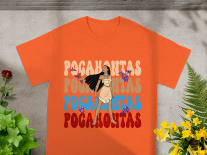 Orange t-shirt with "Pocahontas" text and a character illustration.