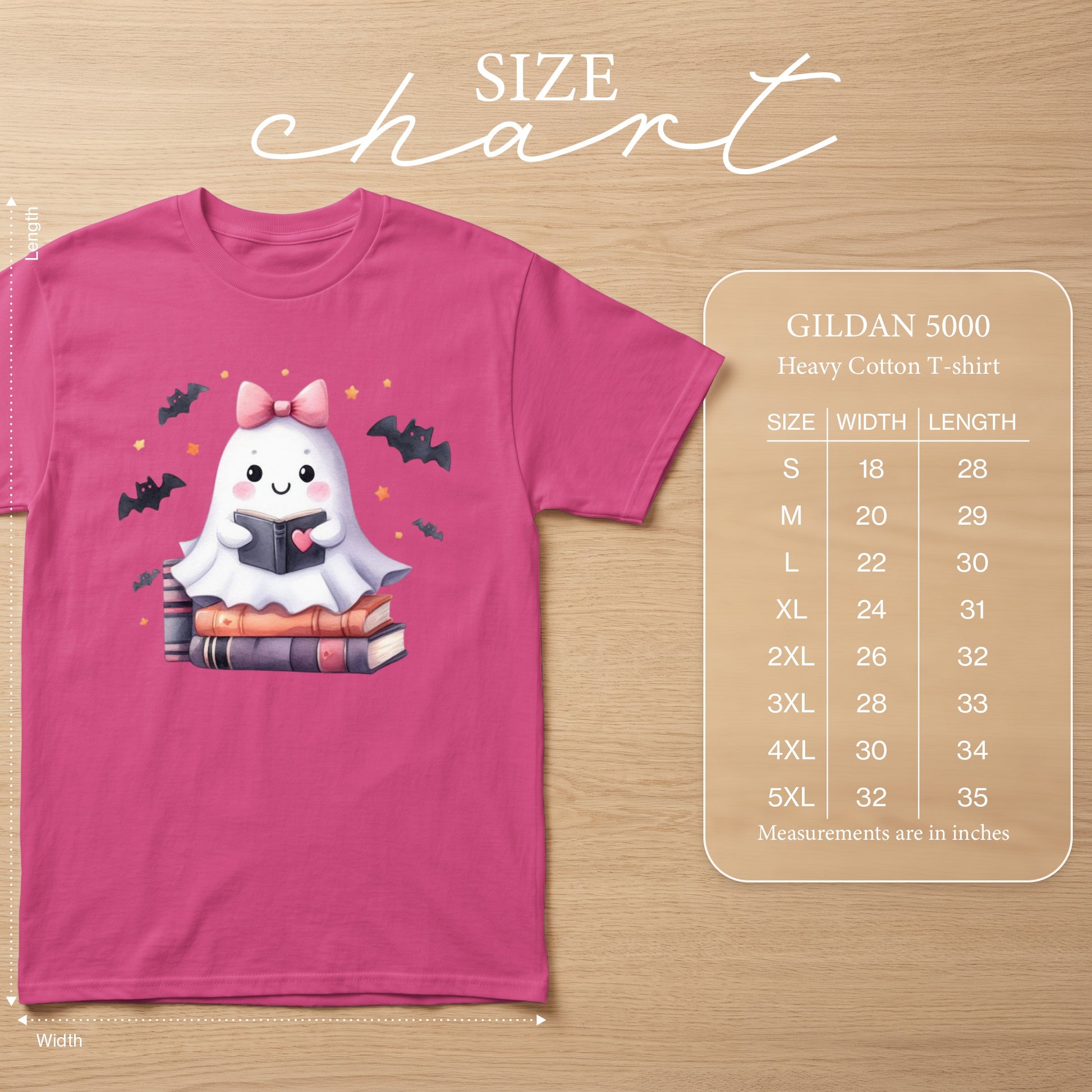 Pink t-shirt with ghost reading books graphic and Gildan 5000 size chart.