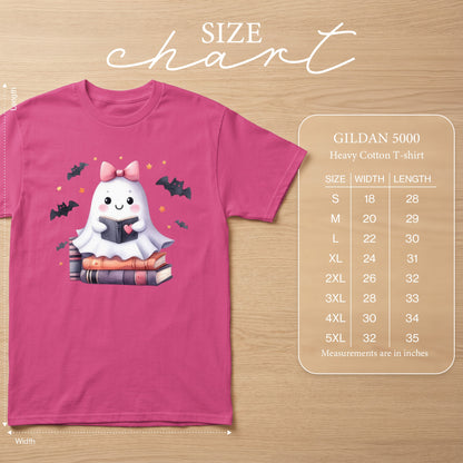 Pink t-shirt with ghost reading books graphic and Gildan 5000 size chart.
