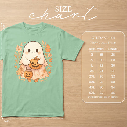 Ghost graphic on a green Gildan 5000 Heavy Cotton T-shirt with size chart.