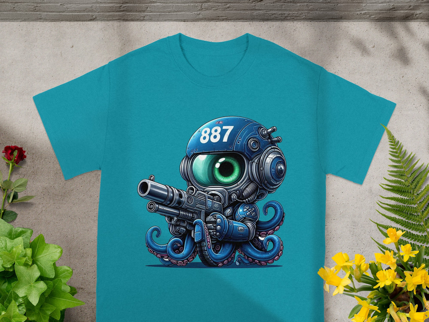 Octopus Robot with Gun 887 Printed Design T-Shirt