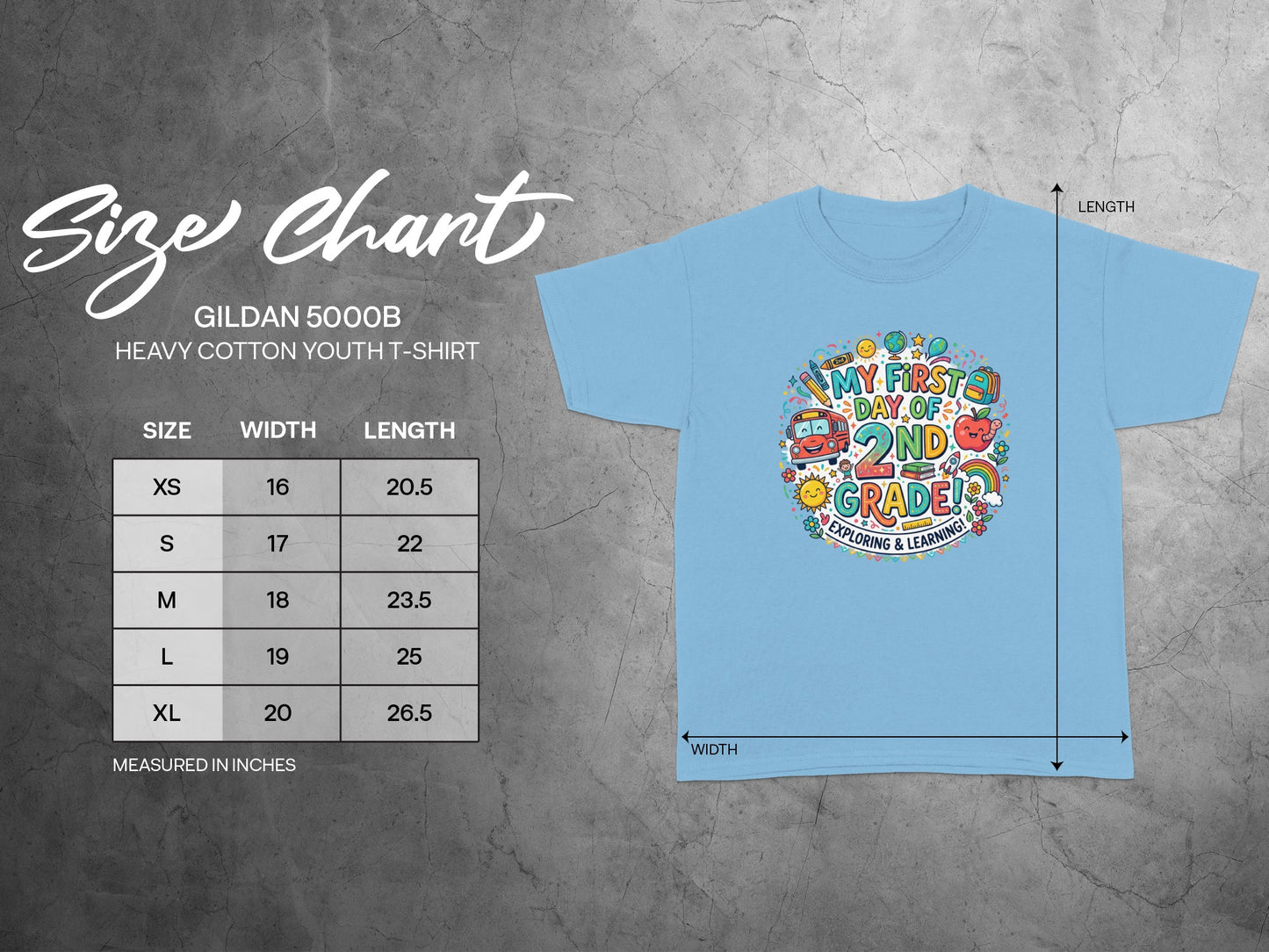 Gildan 5000B youth t-shirt size chart with width and length measurements.