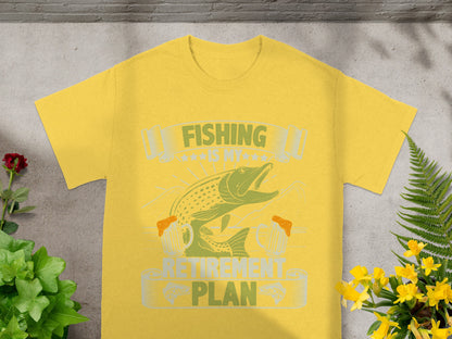 Yellow t-shirt with "Fishing is my retirement plan" text and graphic.