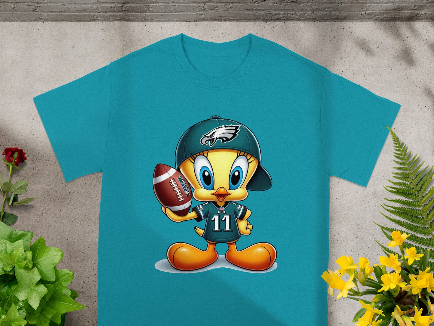 Cute Cartoon Duck Football Fan Wearing Green Cap T-Shirt