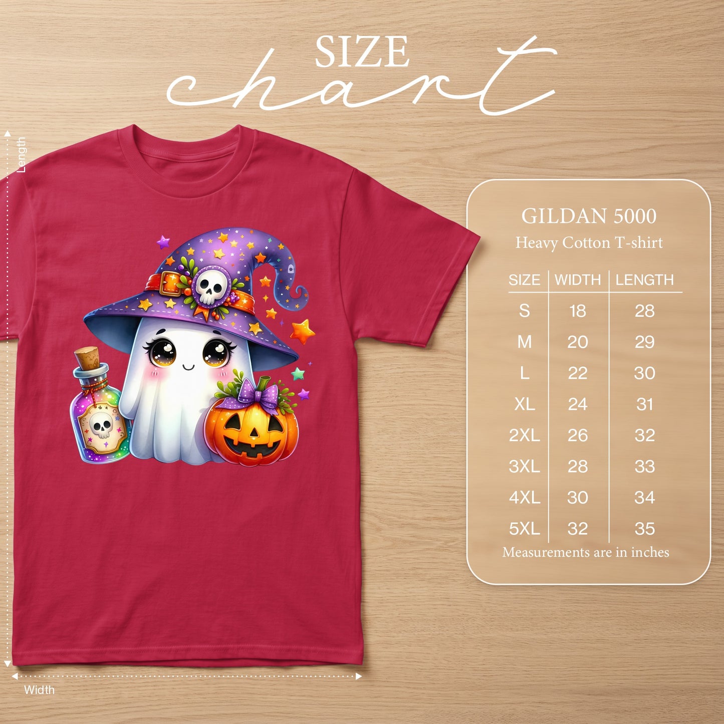 Gildan 5000 heavy cotton t-shirt with Halloween ghost design and size chart.