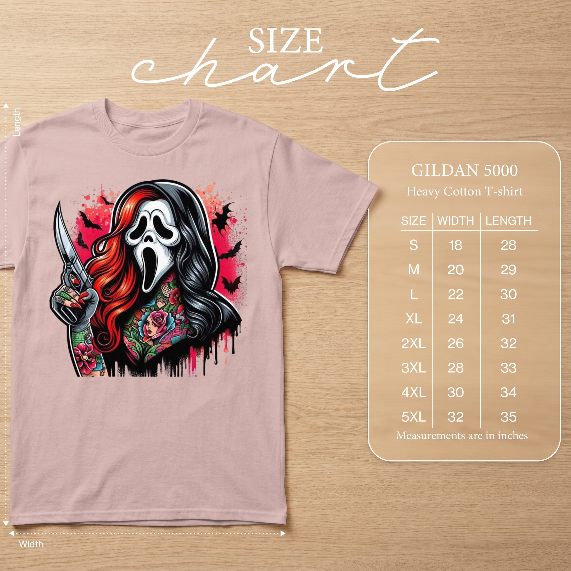 Pink t-shirt featuring a screaming ghost mask with tattoos and a knife. Includes size chart.