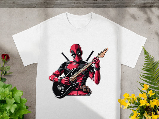 White t-shirt with Deadpool playing an electric guitar.