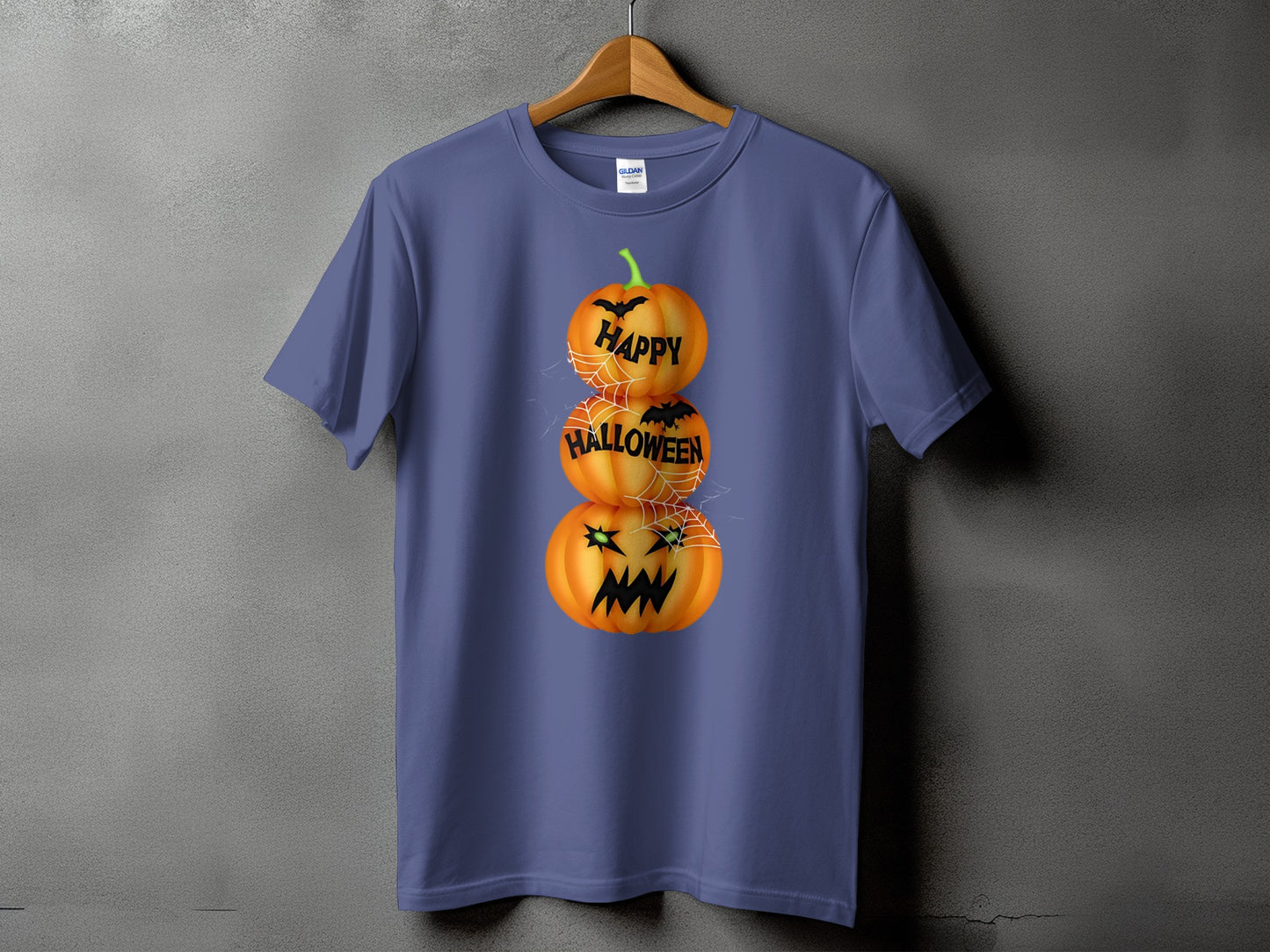 T-shirt with stacked jack-o'-lanterns, bats, spiders, and "Happy Halloween" text.