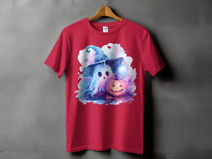 Red t-shirt with Halloween ghost, pumpkin, and witch hat graphic on front.