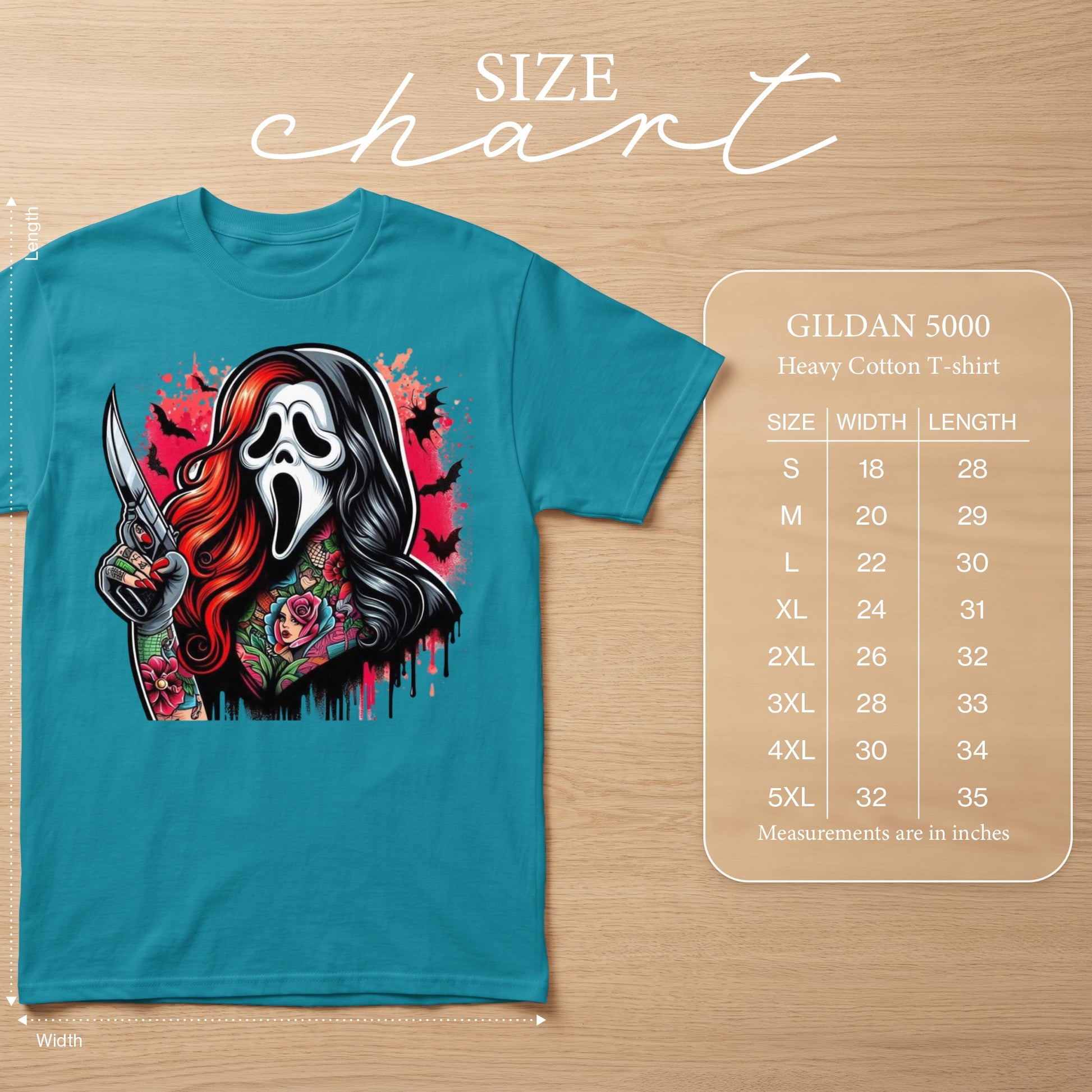 Teal t-shirt with Ghostface graphic and Gildan 5000 heavy cotton t-shirt size chart.