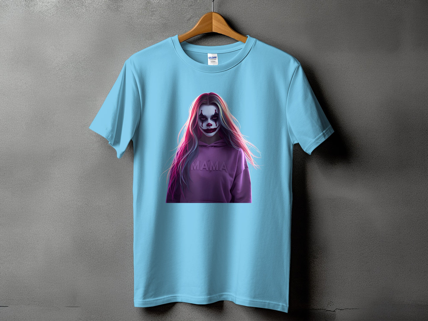 Light blue t-shirt featuring a stylized clown portrait with pink and purple hair.