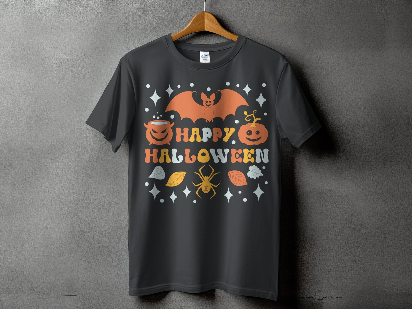 Dark grey t-shirt with "Happy Halloween" graphic featuring a bat, pumpkins, and spider.