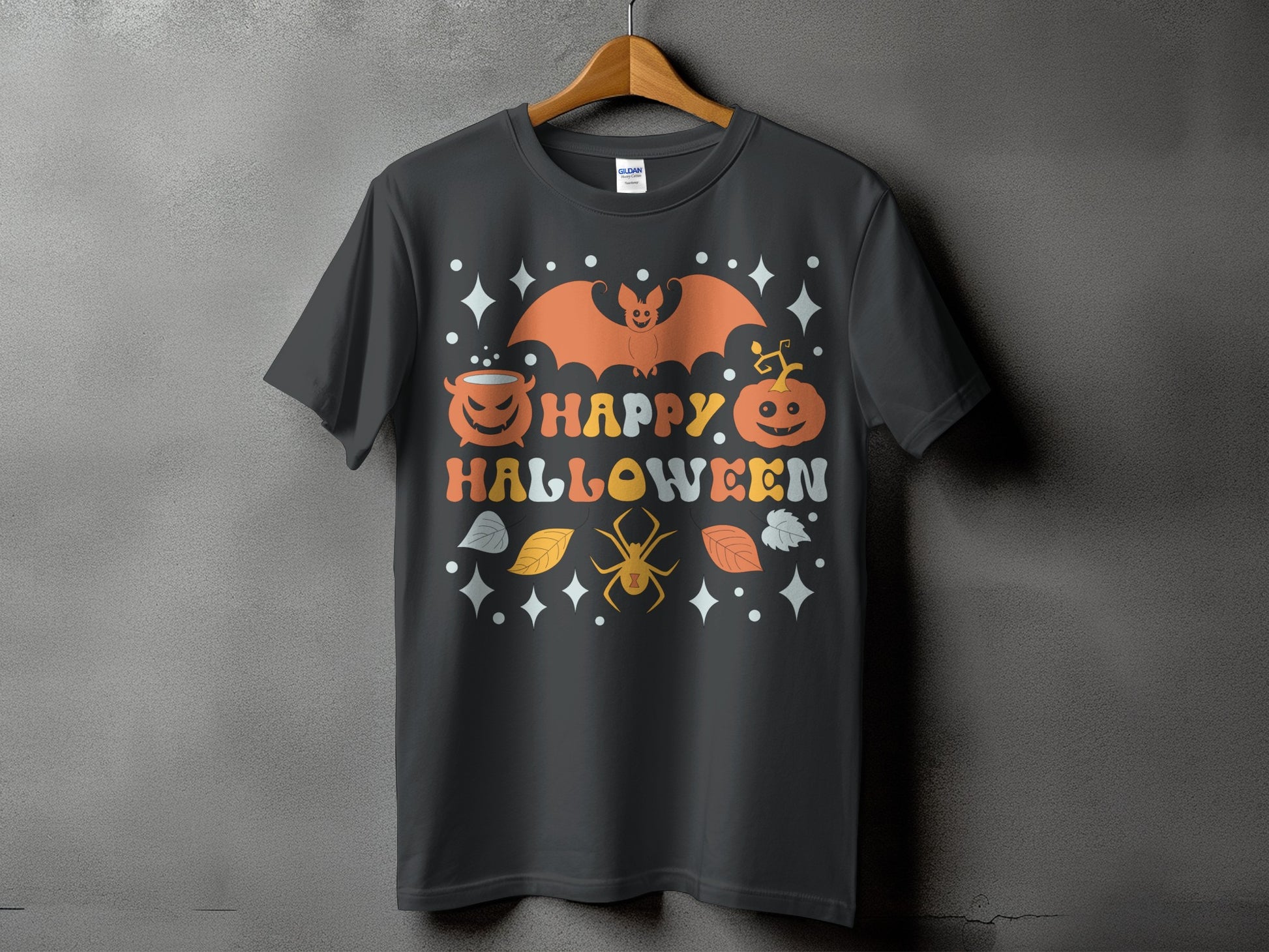 Dark grey t-shirt with "Happy Halloween" graphic featuring a bat, pumpkins, and spider.
