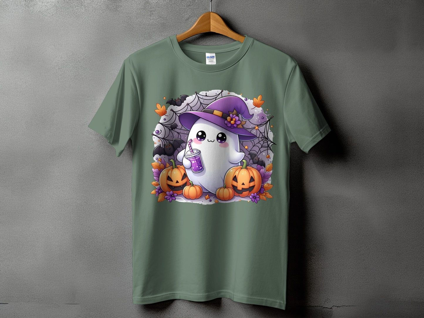 Cute ghost wearing a hat with pumpkins, bats, and spiderwebs.