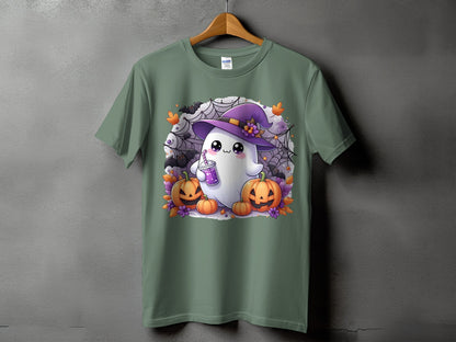 Cute ghost wearing a hat with pumpkins, bats, and spiderwebs.