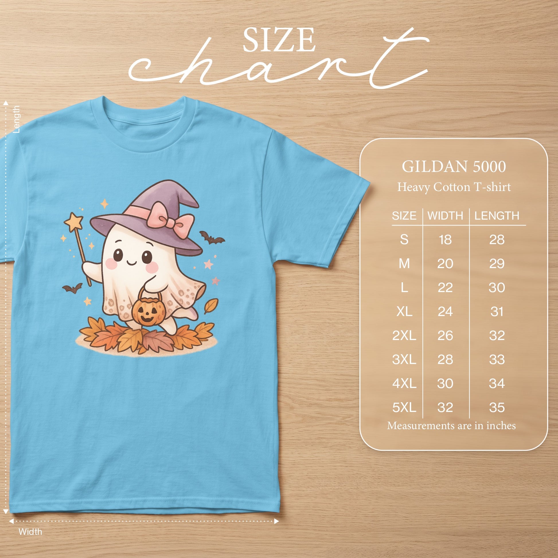 GILDAN 5000 Heavy Cotton T-shirt size chart with measurements in inches.
