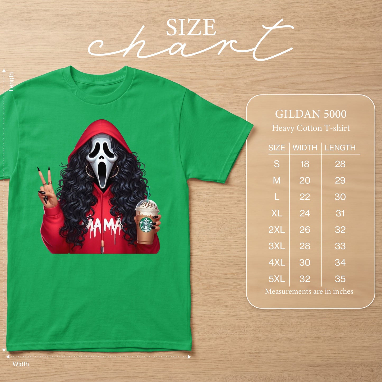 Green Gildan 5000 t-shirt with Ghostface mask, "MAMA" text, and Starbucks cup. Size chart included.