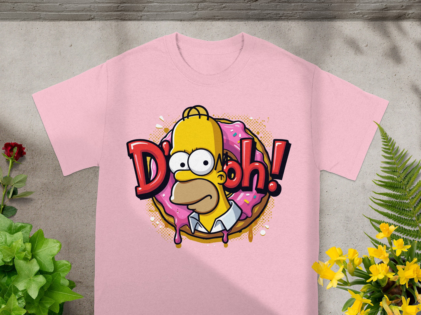 Homer Simpson wearing a pink shirt, eating a donut, with "D'oh!" text.