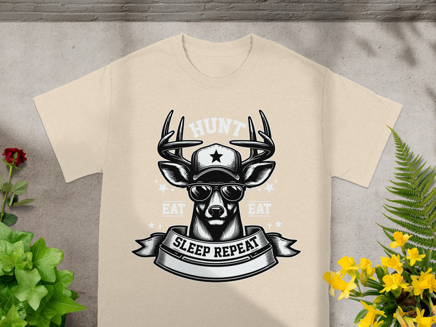 Deer wearing sunglasses and hat with text "Hunt", "Eat", "Sleep Repeat"