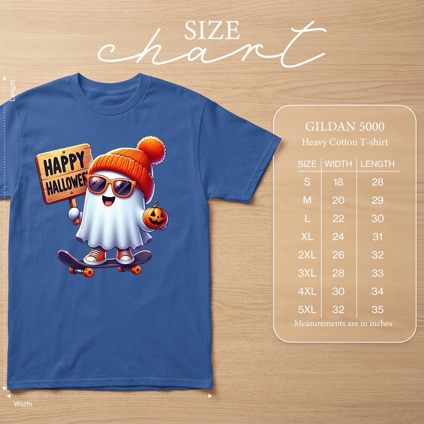 Blue Gildan 5000 t-shirt with cartoon ghost on skateboard and size chart.