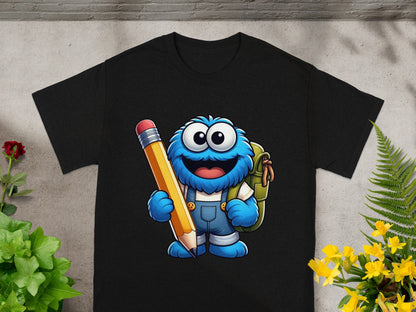 Fuzzy blue monster with big eyes holding a large pencil.