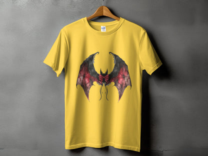 Yellow t-shirt with large gothic bat wings graphic in red and black.
