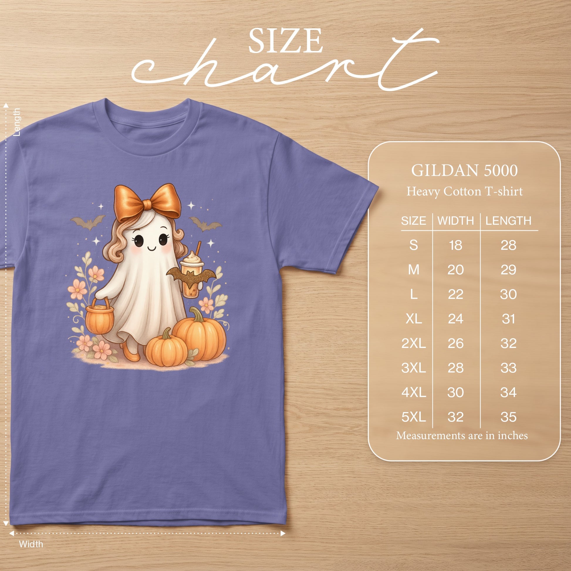 Purple t-shirt with cute ghost design, pumpkins, and Gildan 5000 size chart.