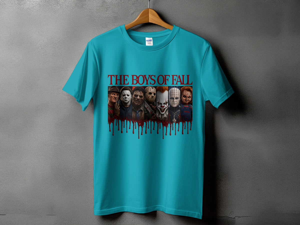 Teal t-shirt with "The Boys of Fall" and horror movie villains graphic.