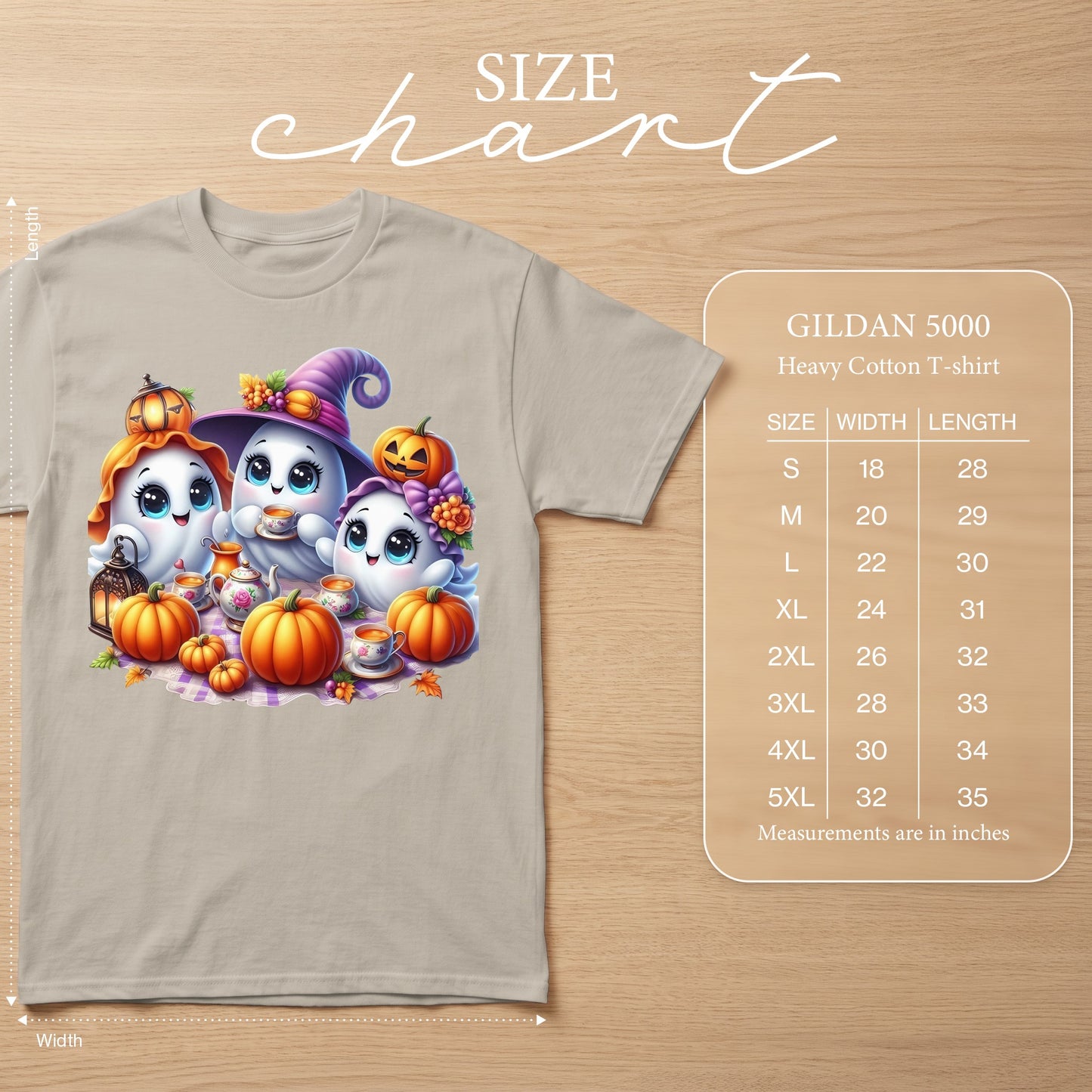 GILDAN 5000 Heavy Cotton T-shirt size chart with cartoon ghosts and pumpkins.