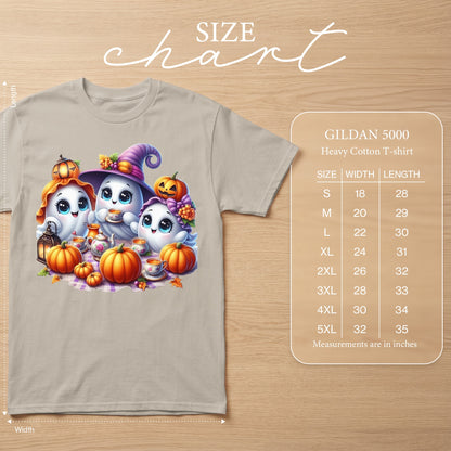 GILDAN 5000 Heavy Cotton T-shirt size chart with cartoon ghosts and pumpkins.