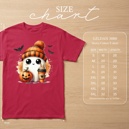 GILDAN 5000 size chart for heavy cotton t-shirts with width and length measurements.